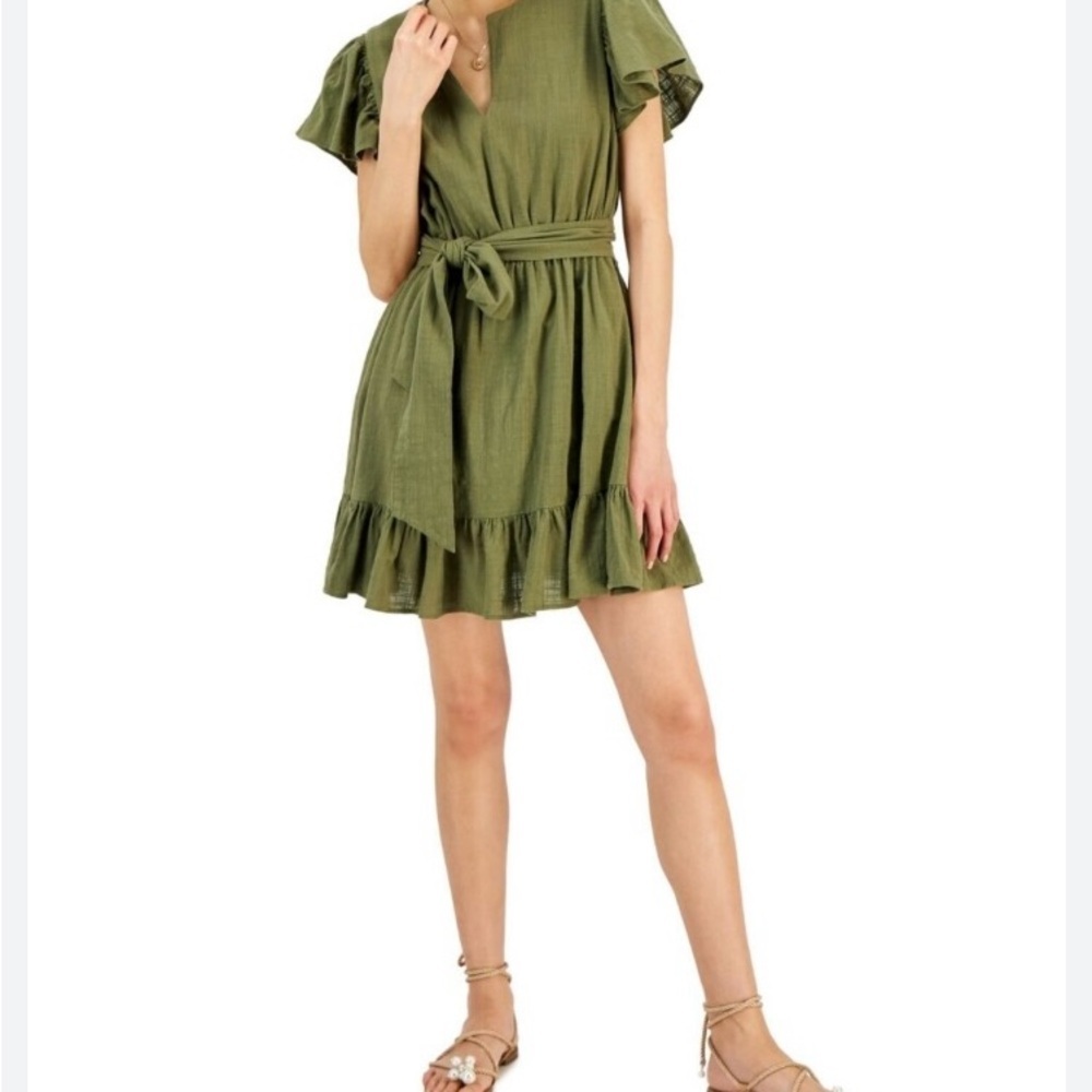 INC Dress-‎ L Mini Olive Green Ruffle Hem Cotton with Waist Tie Boho Cottagecore